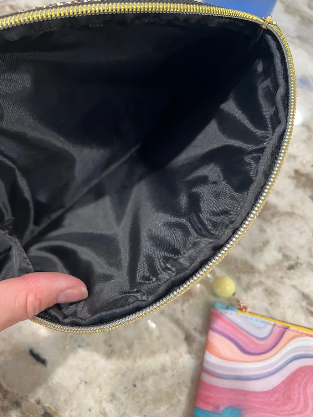 Glitter Half-Moon Pouch & Marble Print Zip Clutch - Multicolor